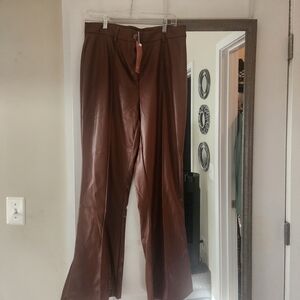 Brown Faux Leather Wide-Leg Pants